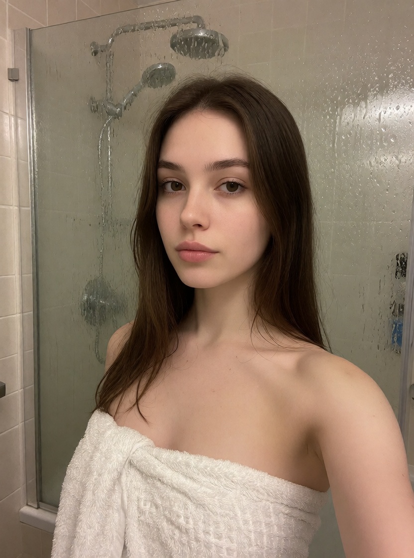 Hyperrealistic ai brunette in white towel bathroom full body shot