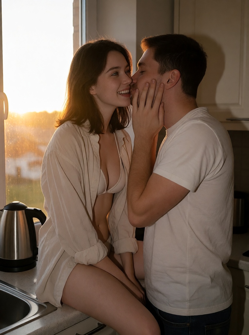 Ai art romantic couple kissing on kitchen counter selfie style