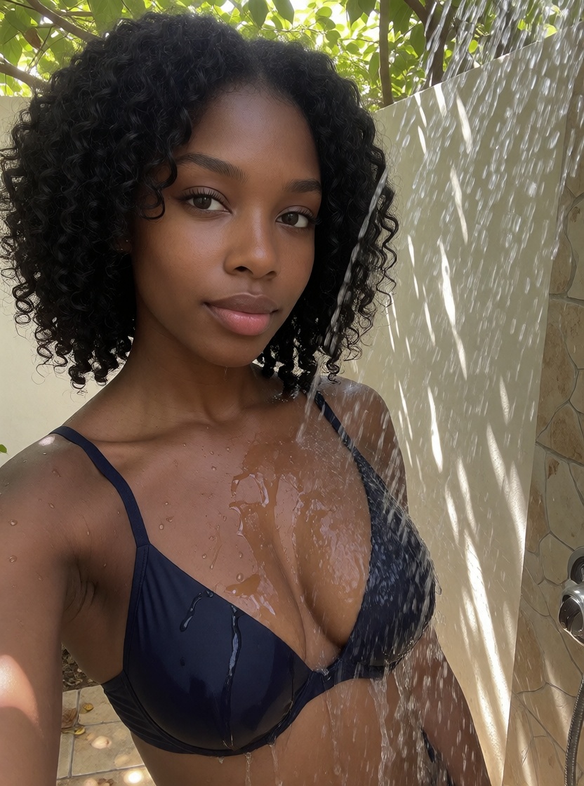 Ai nude ebony black woman outdoor shower swimsuit full body shot