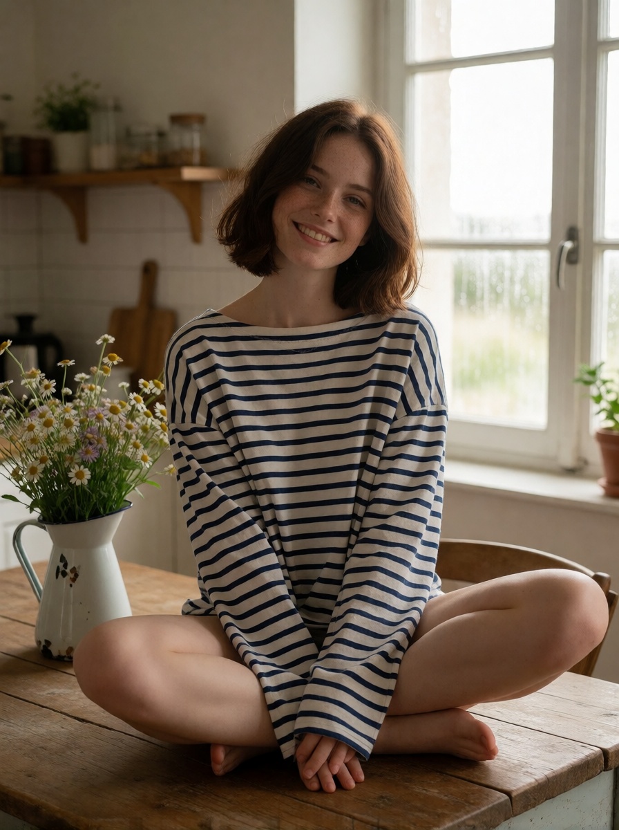 Realistic ai french breton woman sailor shirt high detail