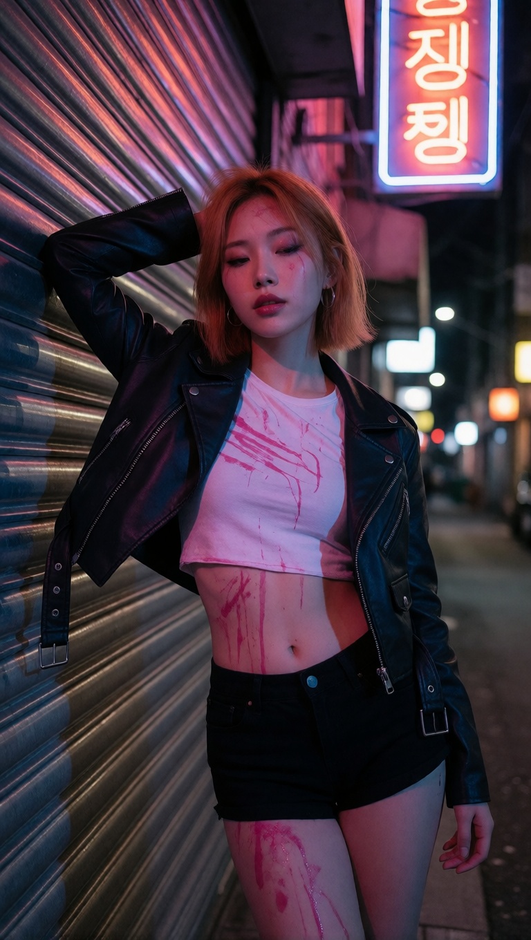 Ai art korean woman neon alley full body shot