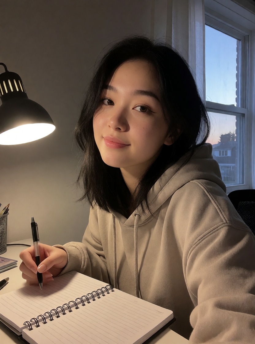 Ai art asian woman studying at desk selfie style