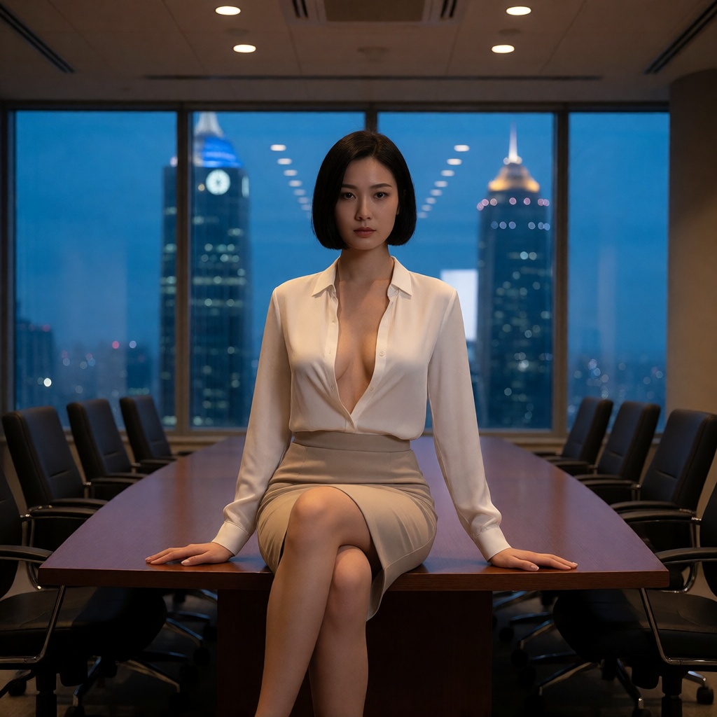 Realistic ai korean boss boardroom pose photorealistic
