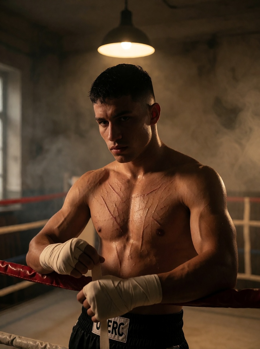 Ai made muscular boxer taping hands in ring hd photo