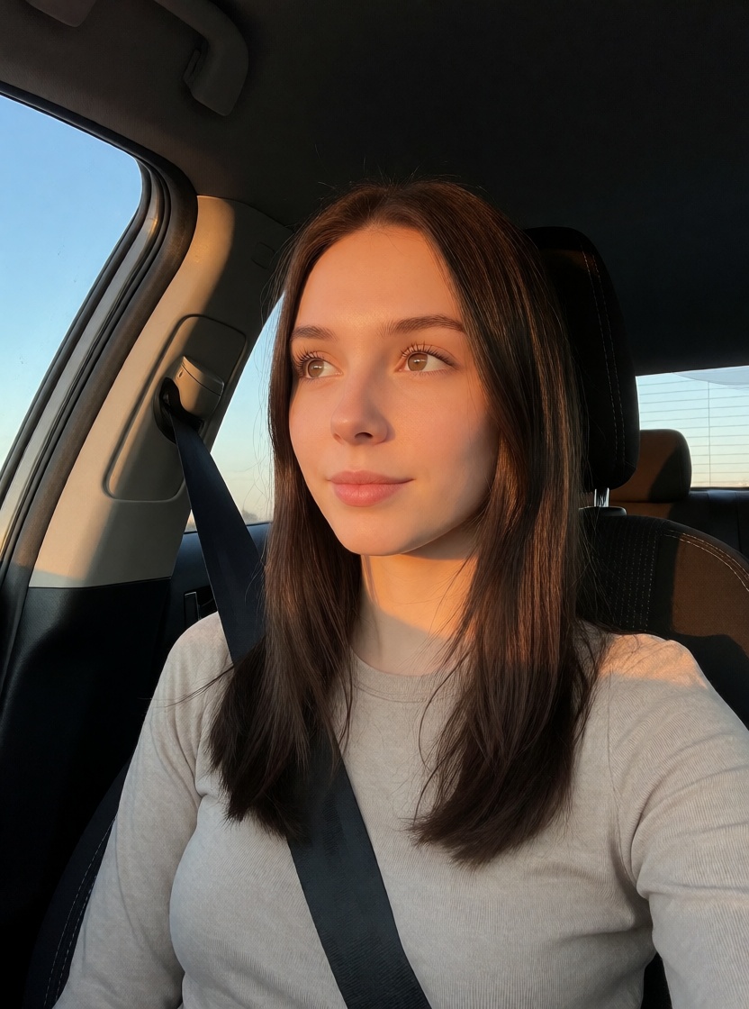 Realistic ai caucasian woman in car seat close up