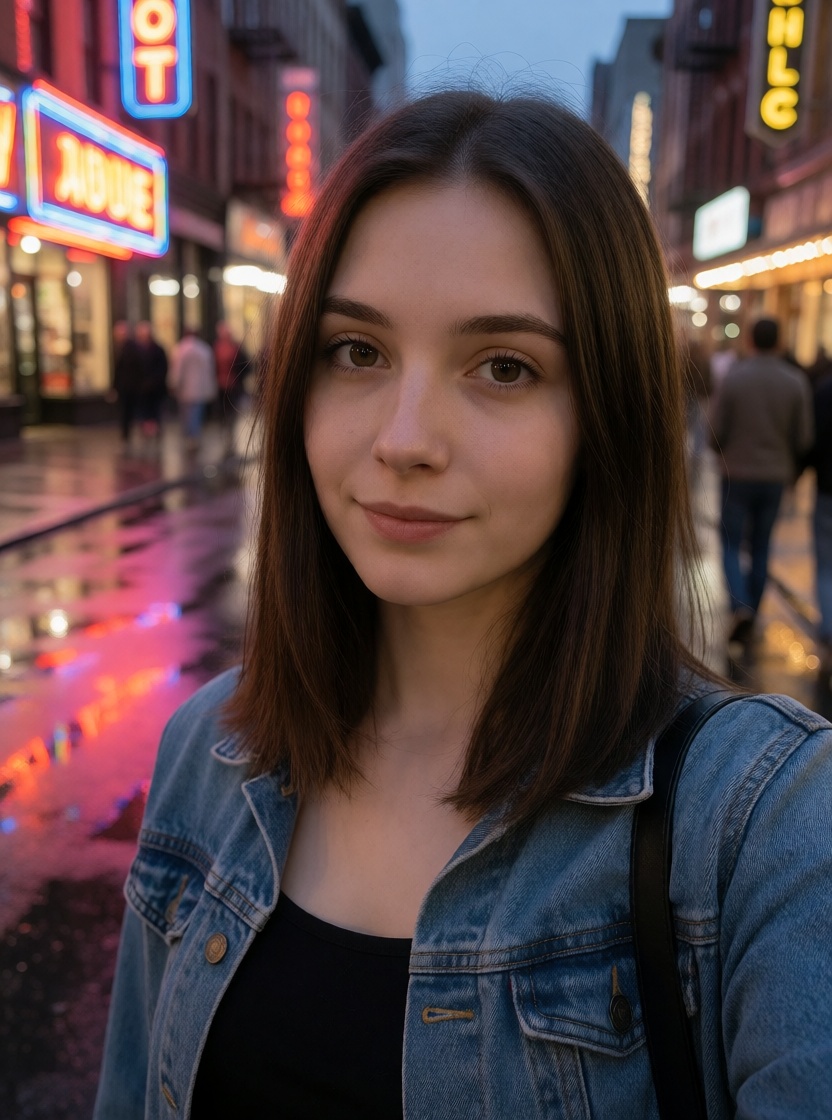 Ai generated brunette caucasian woman evening city street close up