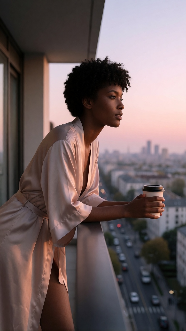 Ai nude ebony black woman open robe balcony ultra realistic