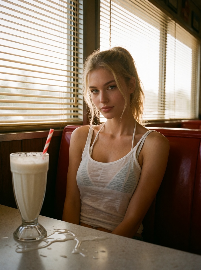Ai art blonde in white tank diner ultra realistic