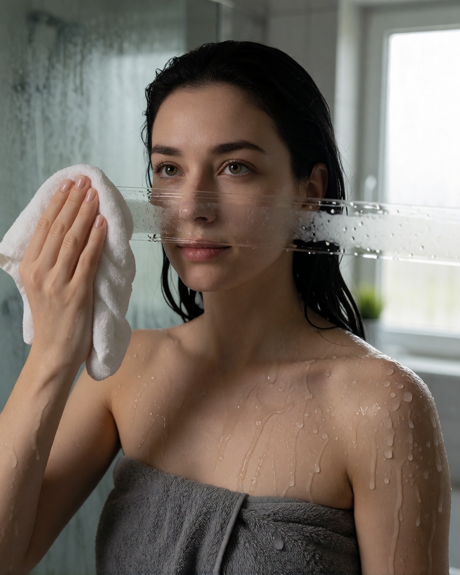 Woman Wiping Bathroom Mirror