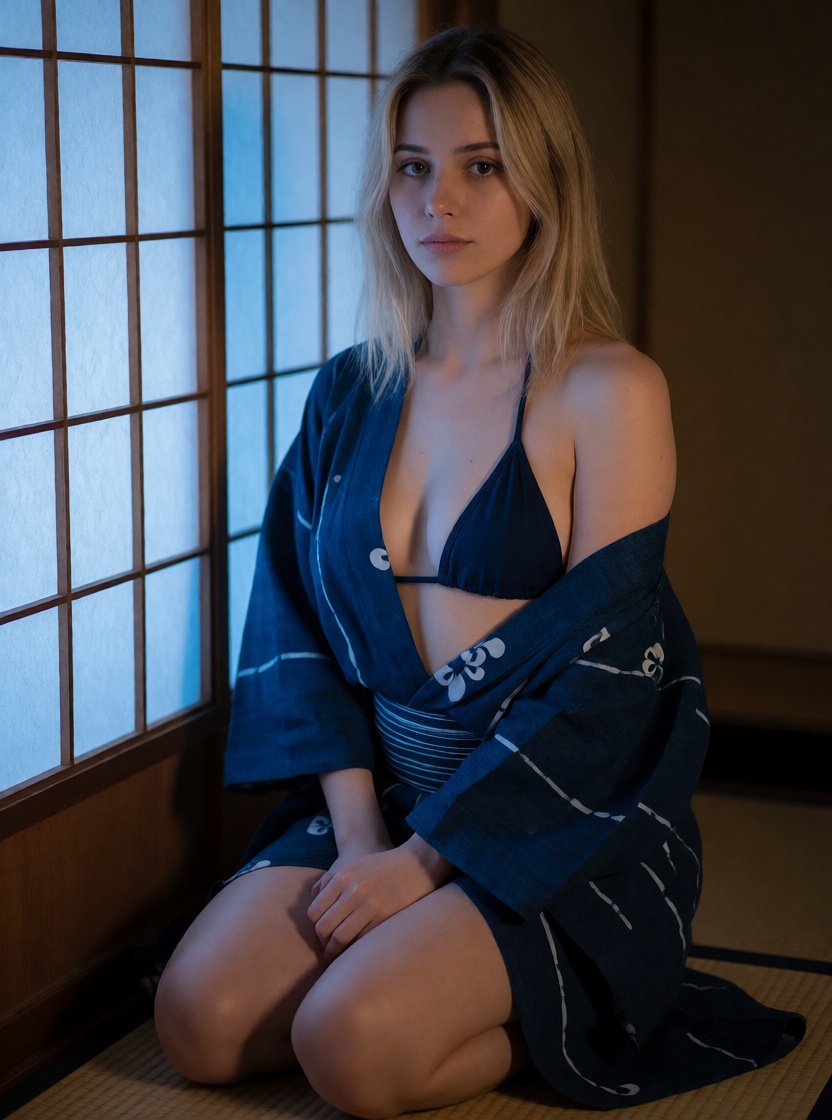 Ai art blonde arab woman in yukata kneeling photorealistic