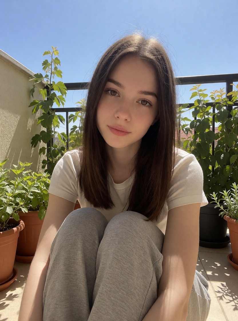 Free ai brunette sunny balcony casual portrait hd photo