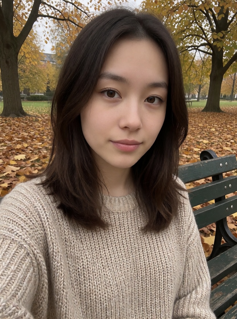 Best ai asian woman autumn park bench full body shot
