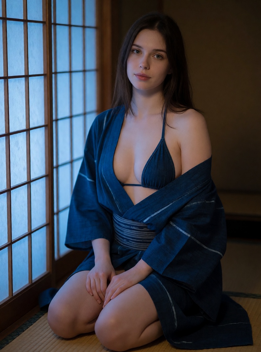 Uncensored ai brunette in yukata kneeling close up