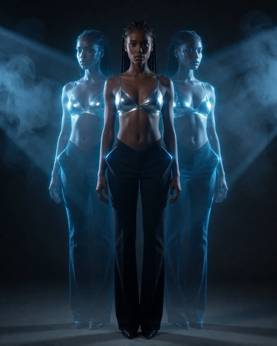Hyperrealistic ai ebony black woman holographic studio no filter