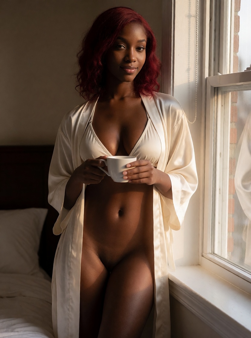 Nsfw ai ebony black woman silk robe boudoir full body shot