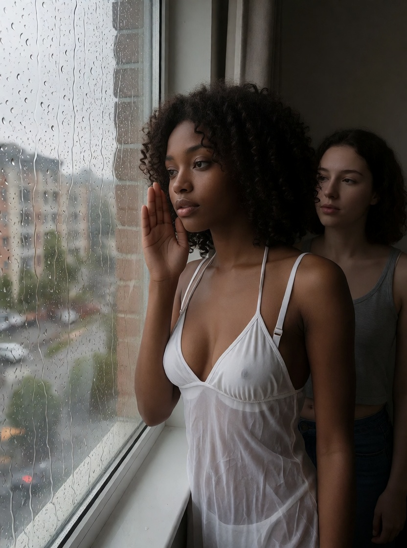 Hyperrealistic ai ebony black woman rain window portrait