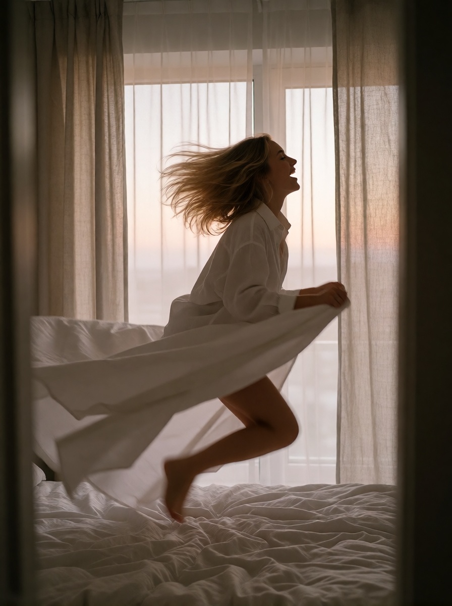 Nsfw ai blonde woman leaping on bed close up