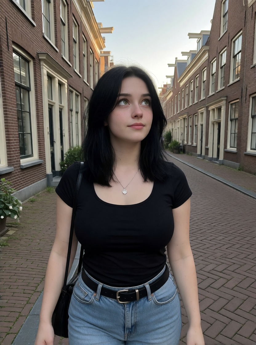 Hyperrealistic ai brunette walking brick street hd photo