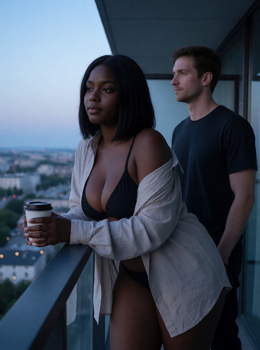 Uncensored ai ebony black woman balcony morning coffee full body shot