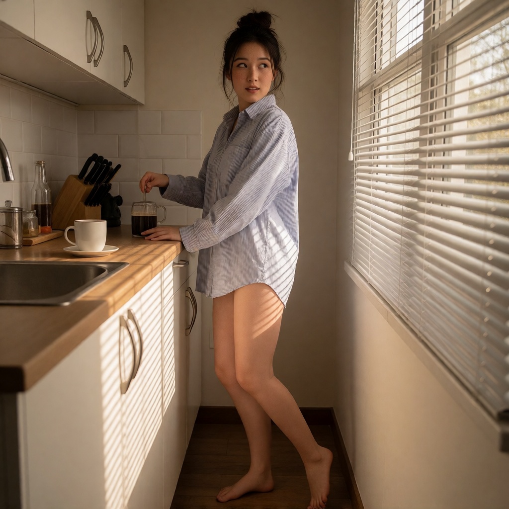 Hyperrealistic ai asian woman kitchen shirt full body shot