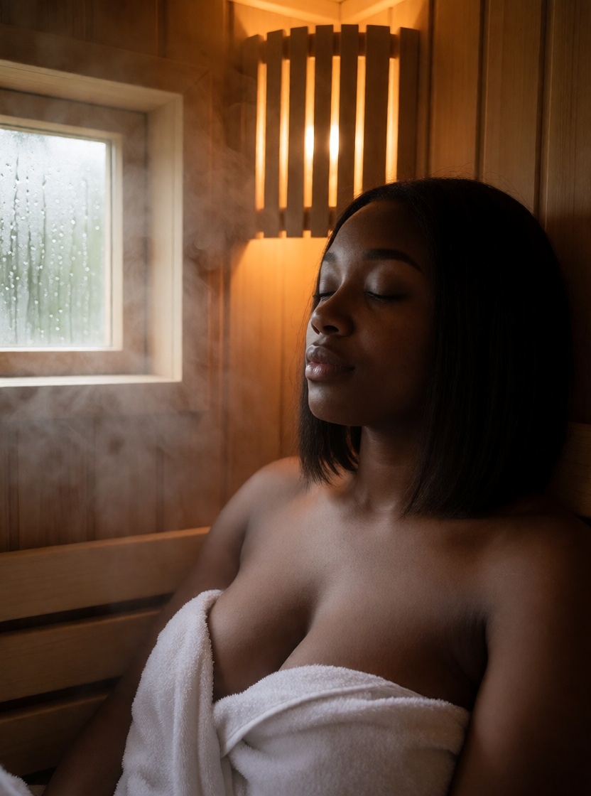 Realistic ai relaxed black woman sauna steam photorealistic