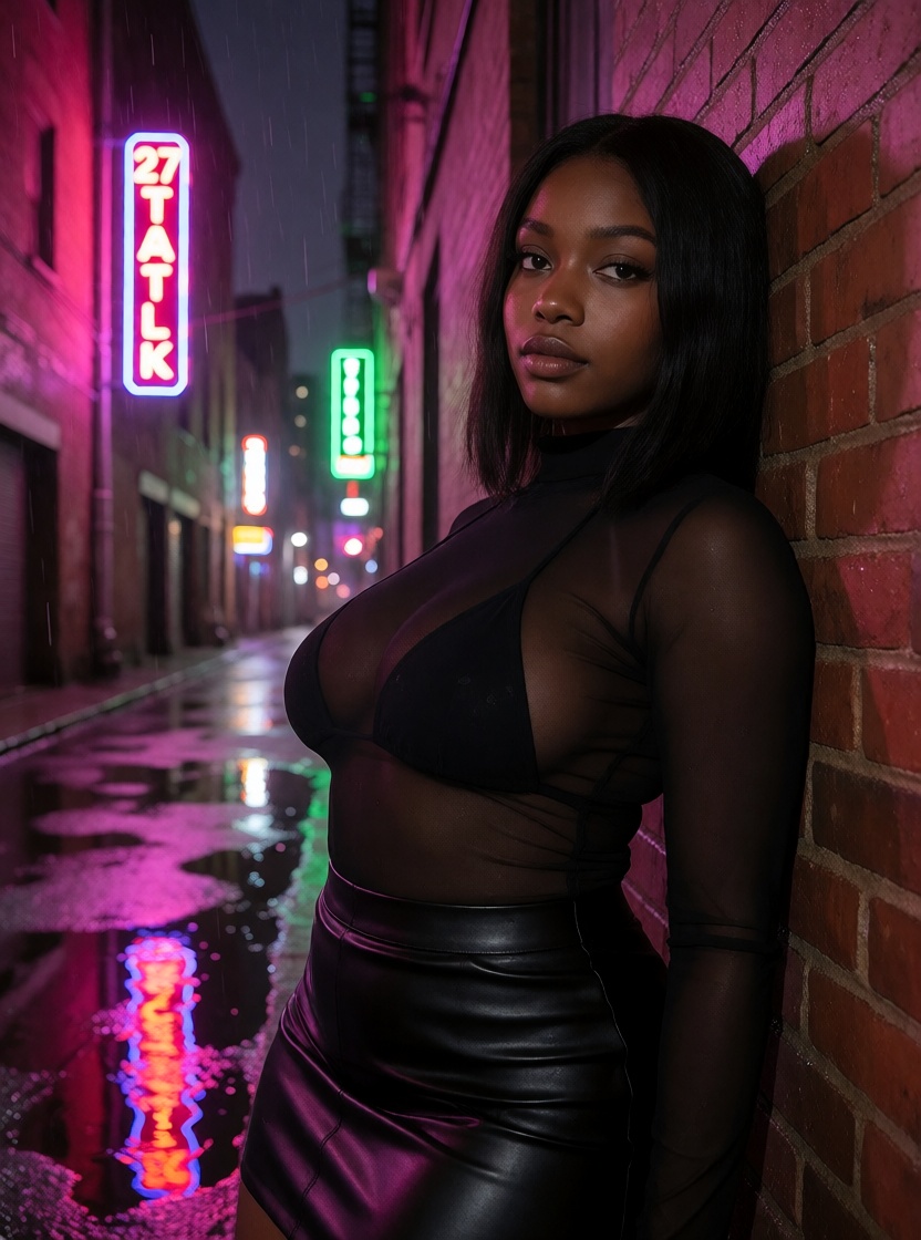Nsfw ai ebony black woman neon alley portrait