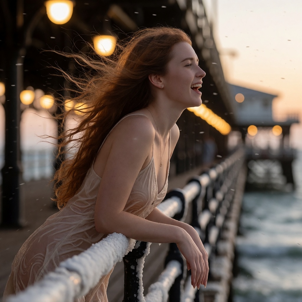 Nsfw ai redhead copper woman pier dusk hd photo
