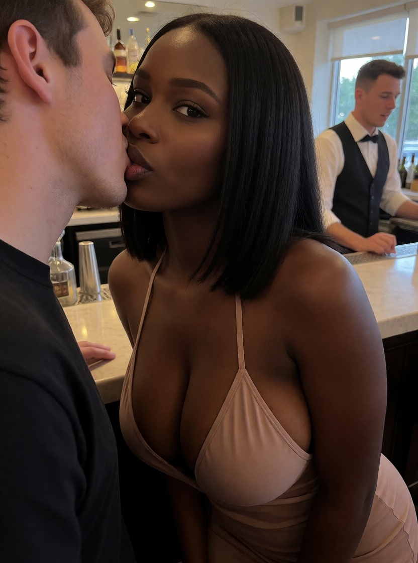 Ai art ebony black woman kisses man at bar ultra realistic