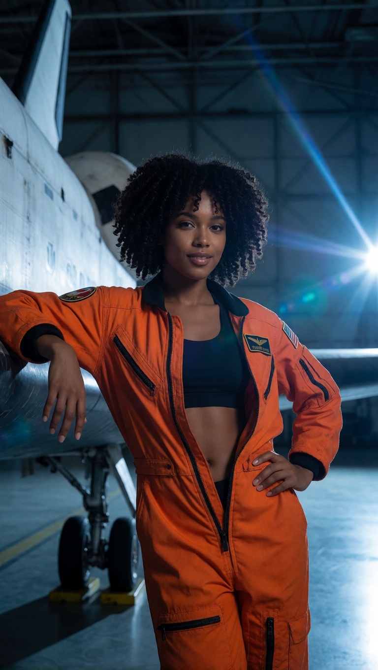 Ai porn cosplay girl black pilot in hangar selfie style