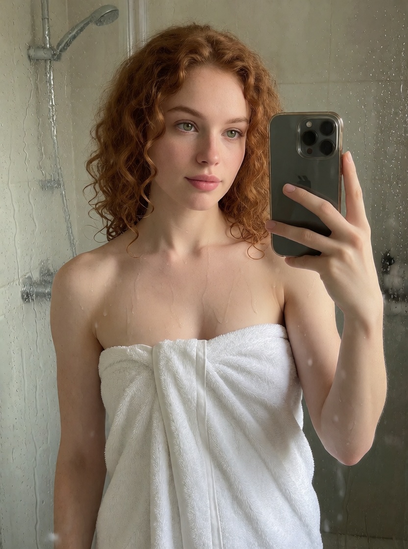 Ai made redhead woman bath towel mirror high detail