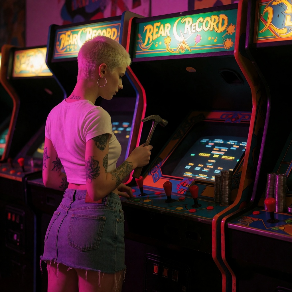 Best ai young adult woman playing arcade game full body shot
