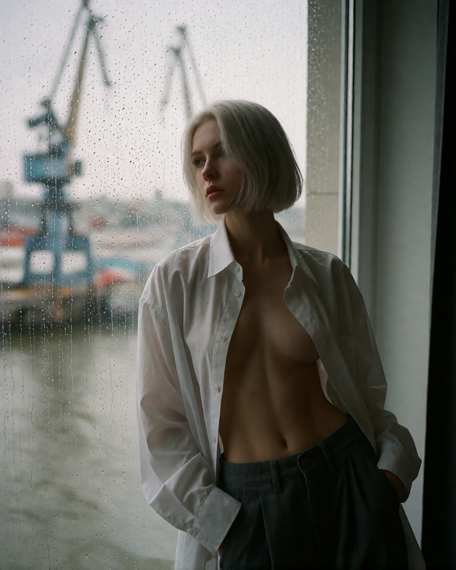 Hyperrealistic ai blonde platinum woman rainy window selfie style