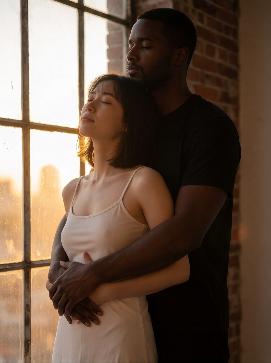Ai generated interracial japanese woman black man embrace hd photo