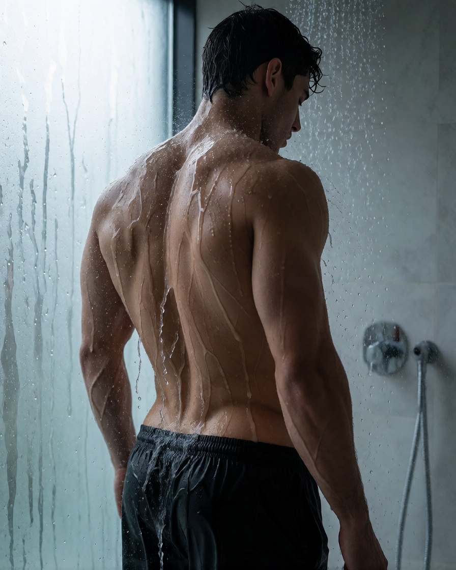 Realistic ai muscular wet brazilian man shower high detail