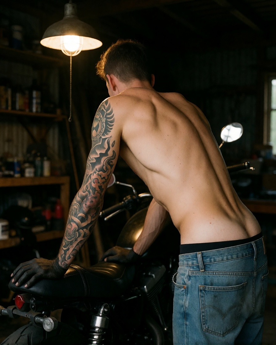 Ai art tattooed man motorcycle garage photorealistic