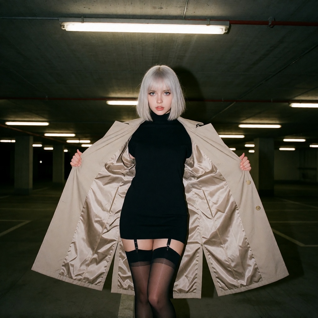 Ai made blonde platinum woman trench coat garage high detail