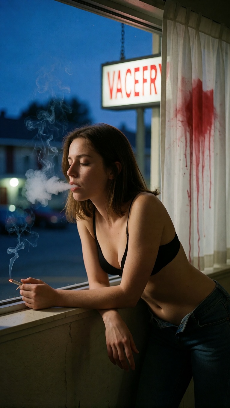Motel Window Smoking Woman