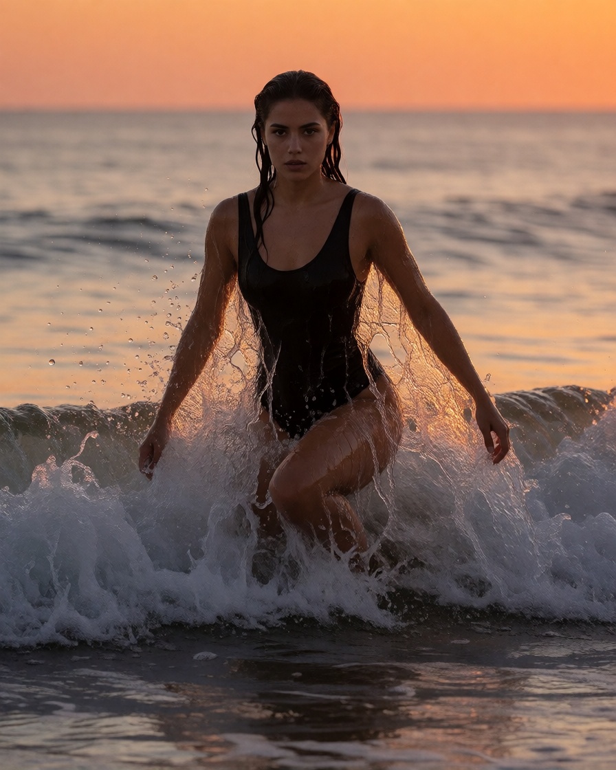 Ai generated latina surfer wet one piece photorealistic