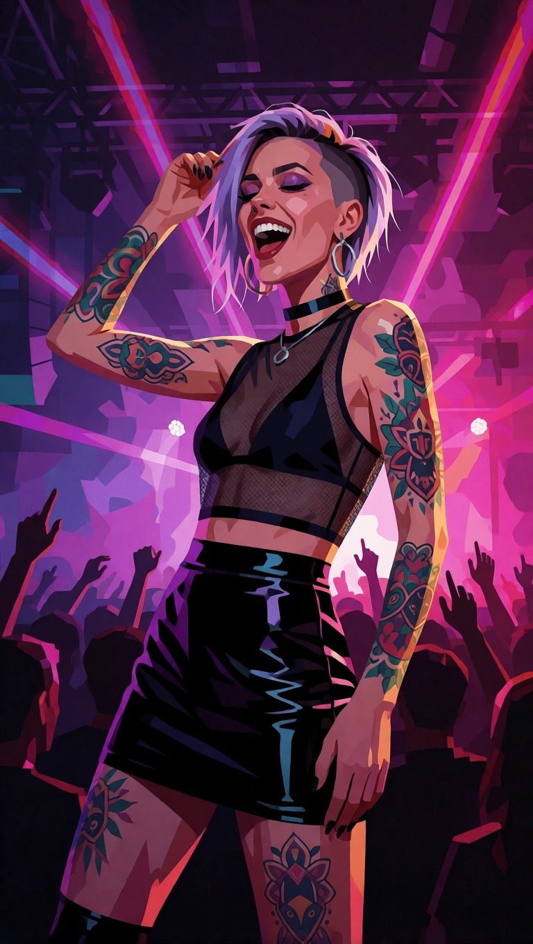 Ai generated tattooed woman dancing club portrait