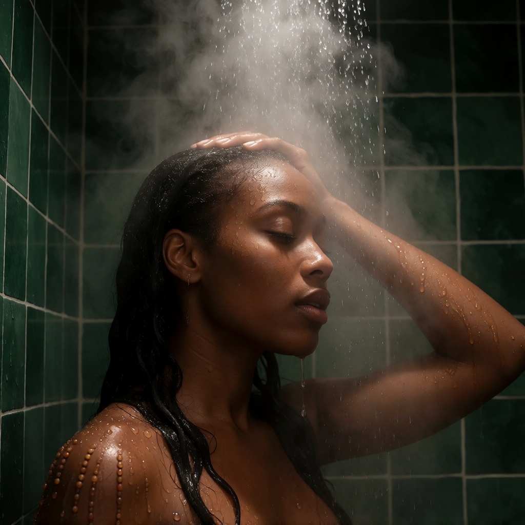 Ai art ebony jamaican woman hot shower close up