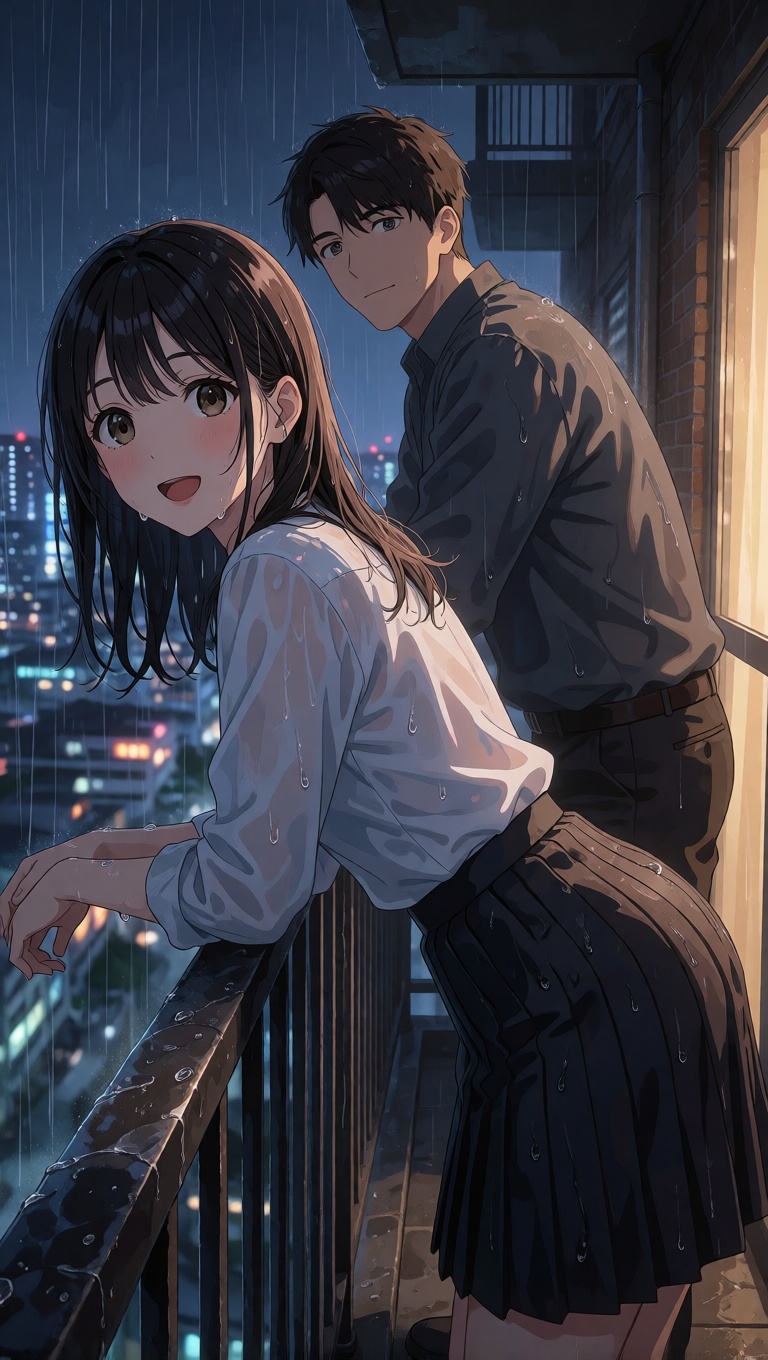 Best ai cartoon girl adults rainy balcony night selfie style