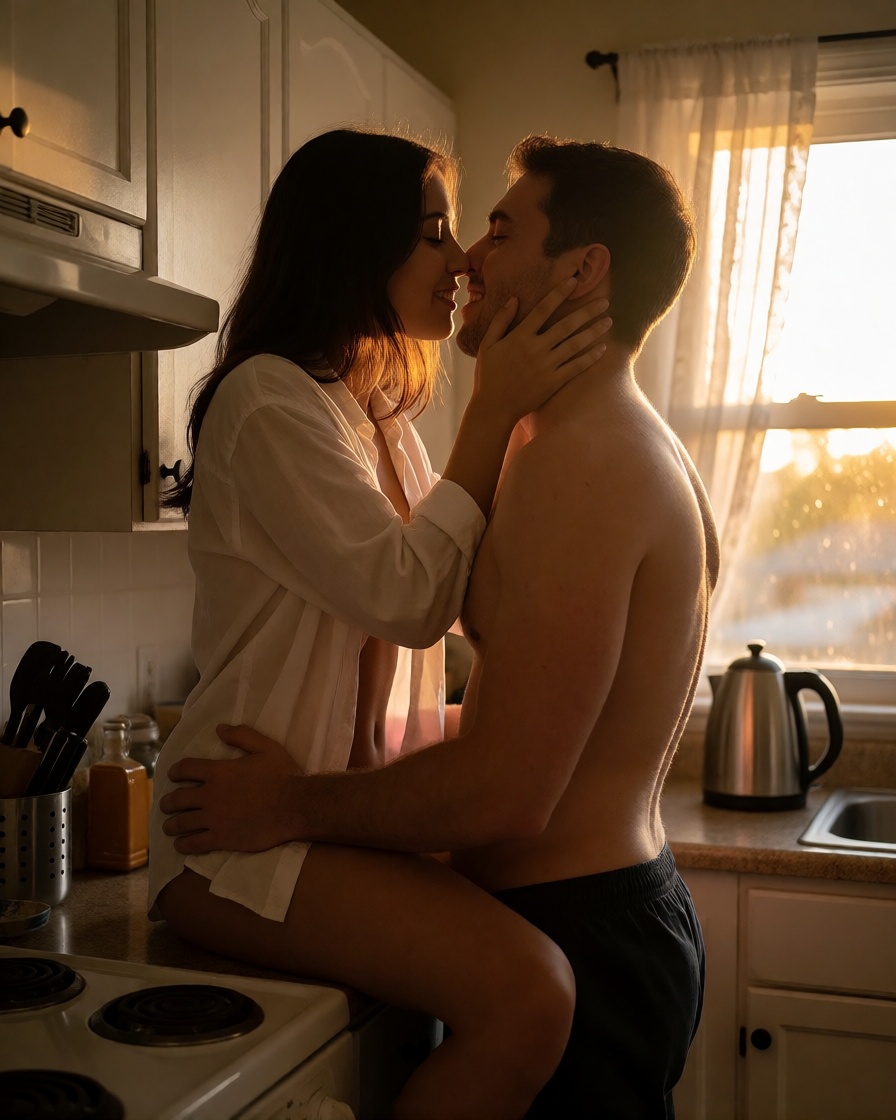 Ai porn interracial morning kiss kitchen counter full body shot