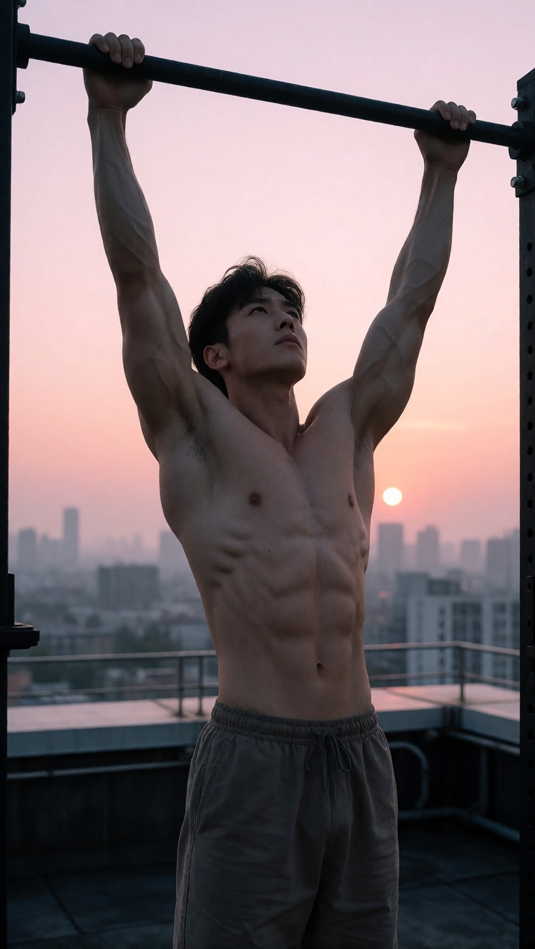 Ai art muscular korean man rooftop pull up full body shot