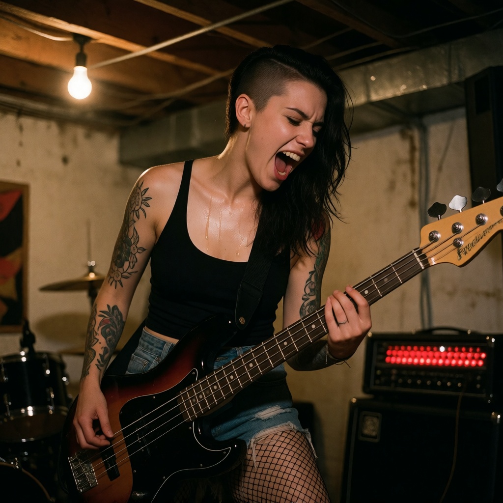 Ai art tattooed bassist rehearsal high detail