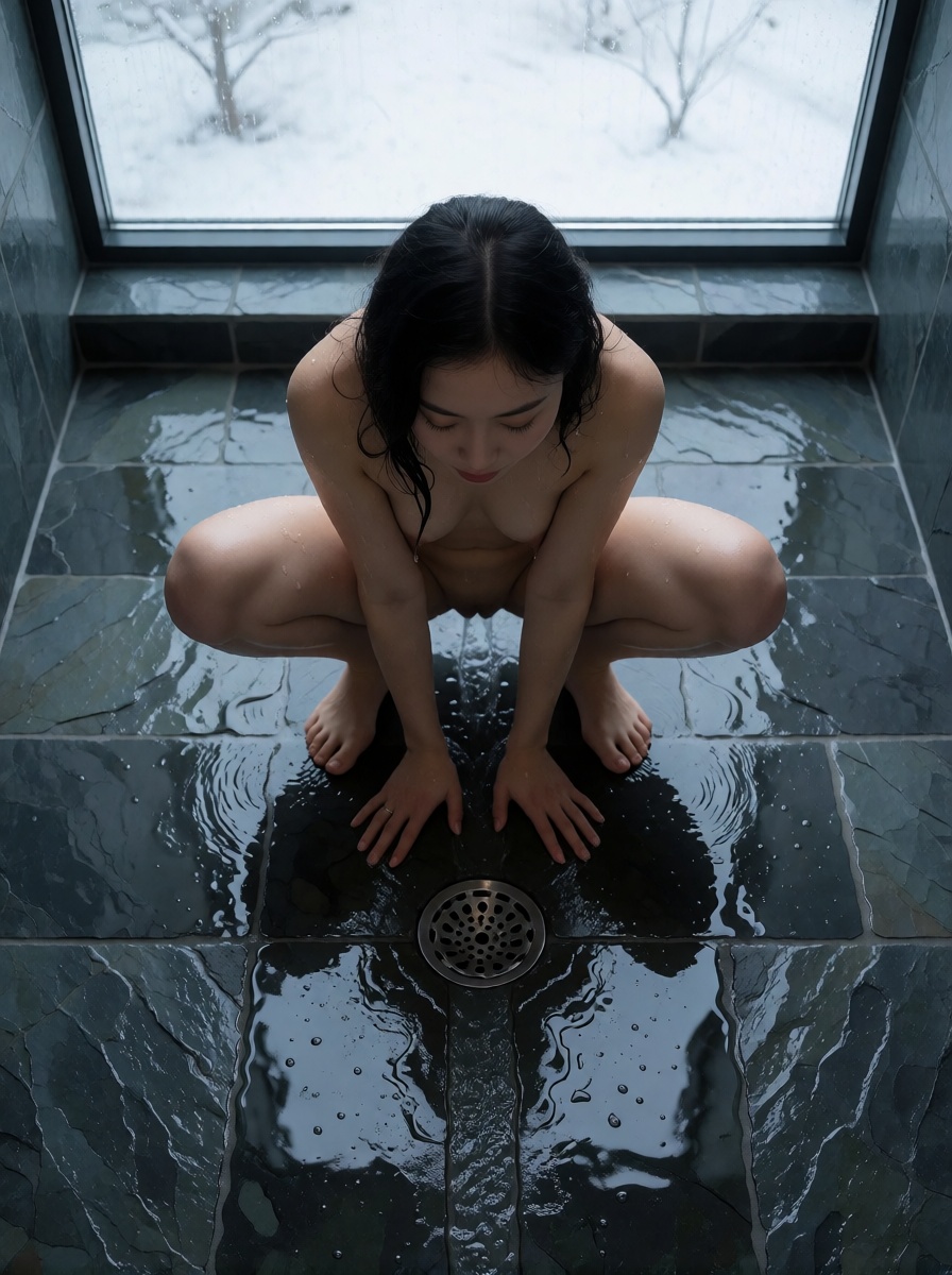 Best ai watersports korean woman peeing wet room full body shot