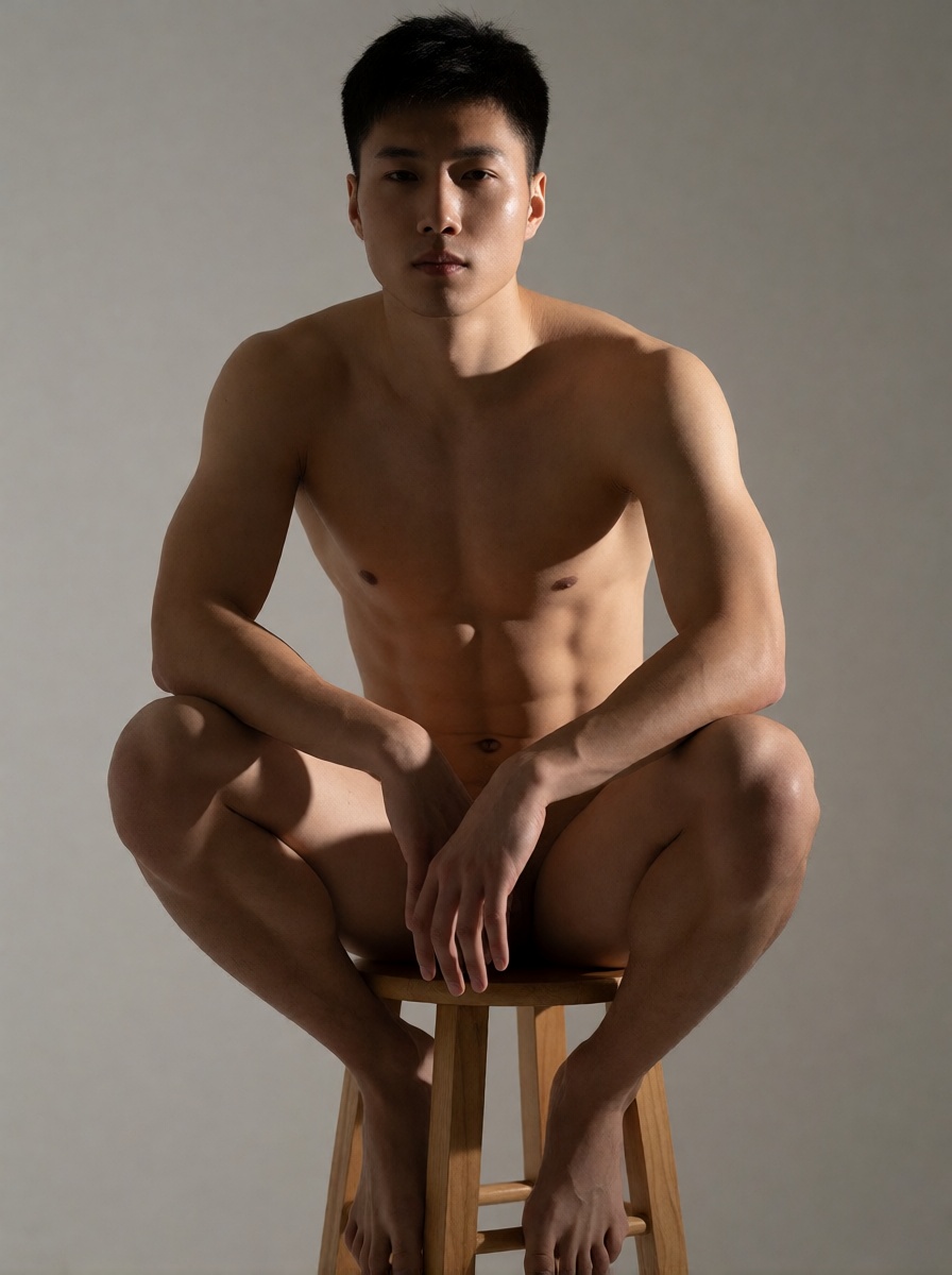 Realistic ai solo asian male nude studio portrait