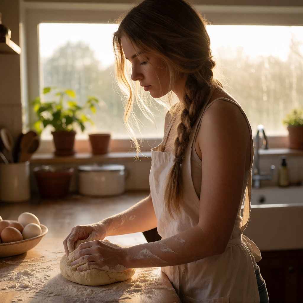 Hyperrealistic ai blonde woman kneading dough selfie style