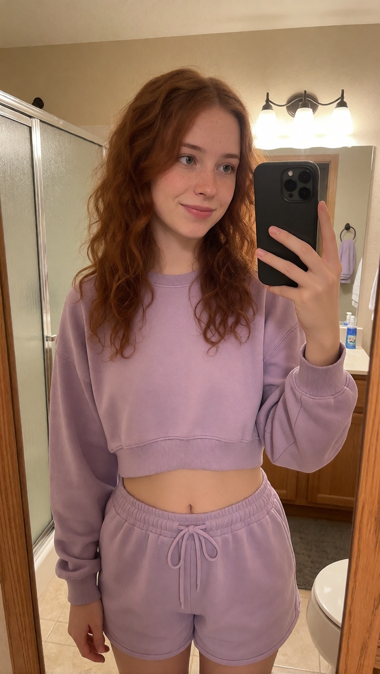 Hyperrealistic ai redhead copper hair mirror selfie portrait