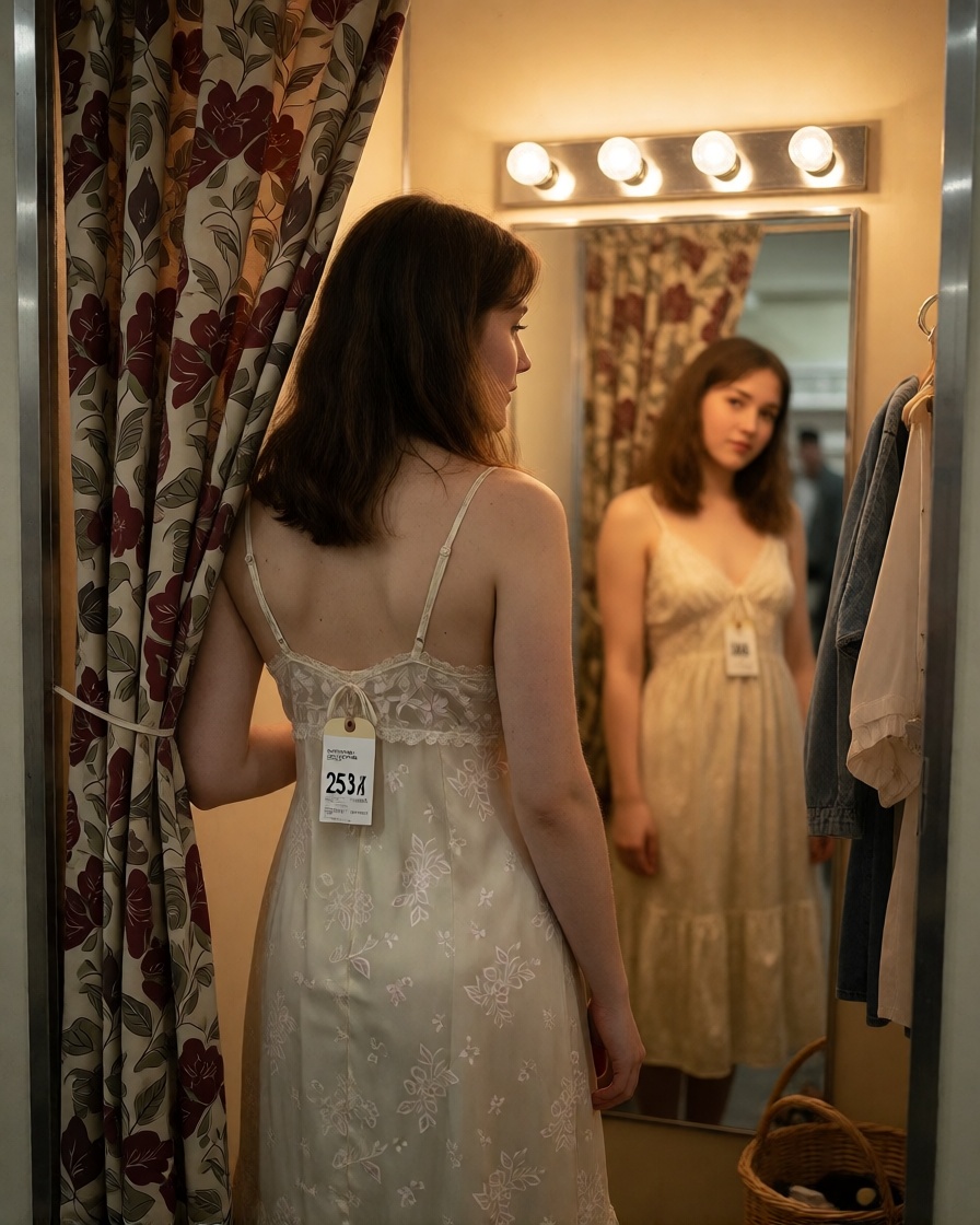 Hyperrealistic ai young adult vintage slip fitting room selfie style