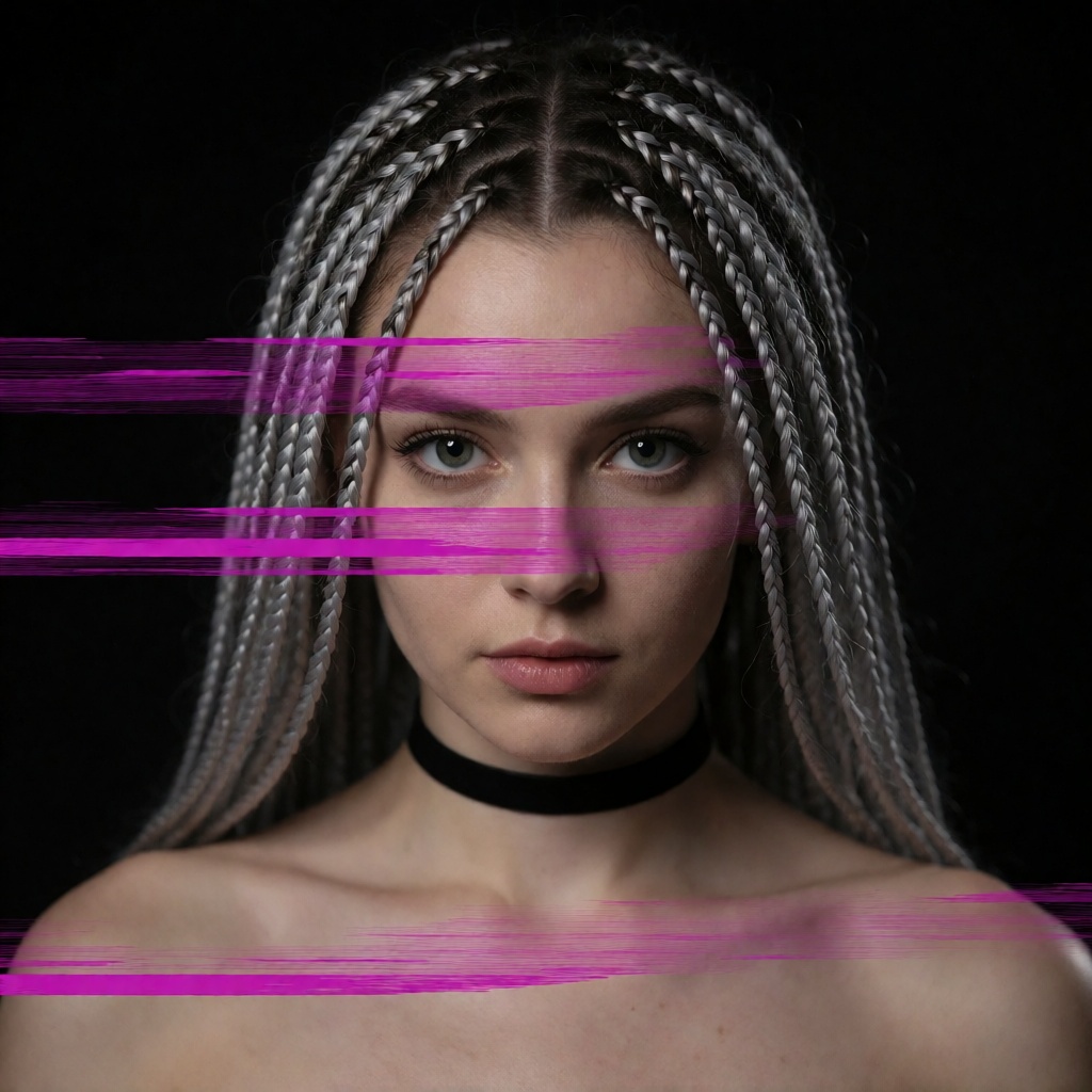 AI silver Braid Glitch Portrait